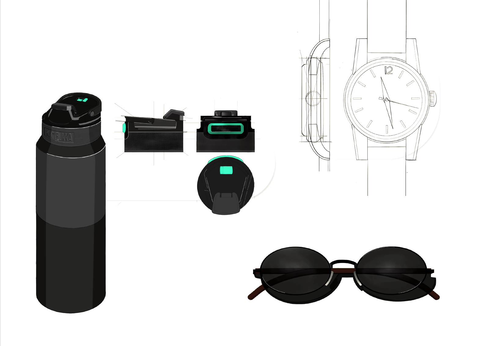 Product sketch studies including bottle, glasses and watch.
