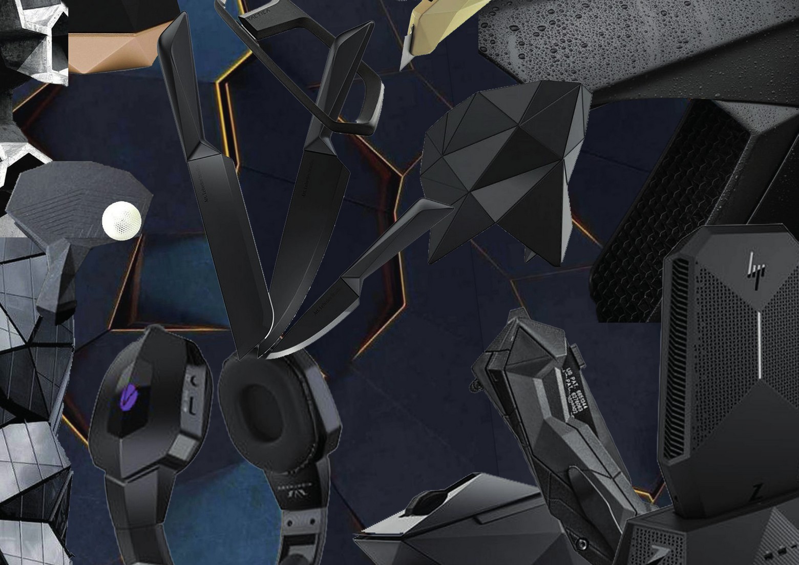 Stealth-design moodboard with faceted surfaces, matte black and dark greys.
