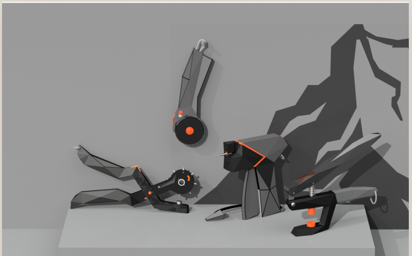 3D render of the final Eyex tacker tool — faceted, gear-like, with orange accents.
